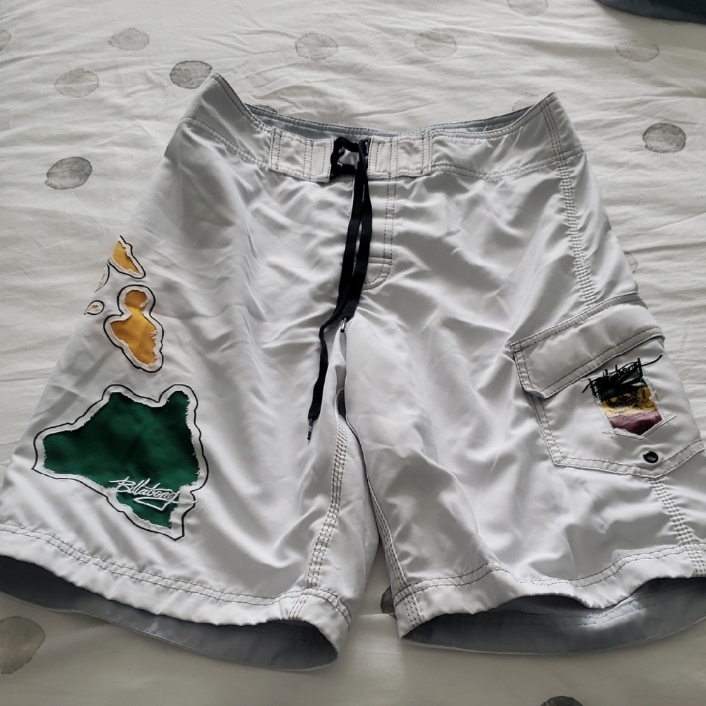 White Board Shorts with Green & Yellow Graphics